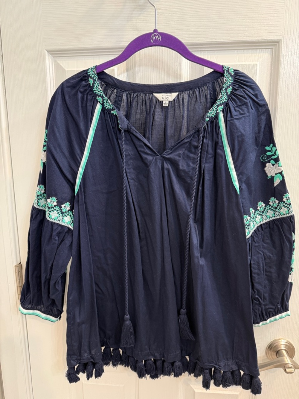 crown & ivy Black Tunic with Green Embroidery